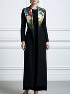 Women's Long Sleeve Maxi Coat with Floral Print Lapel