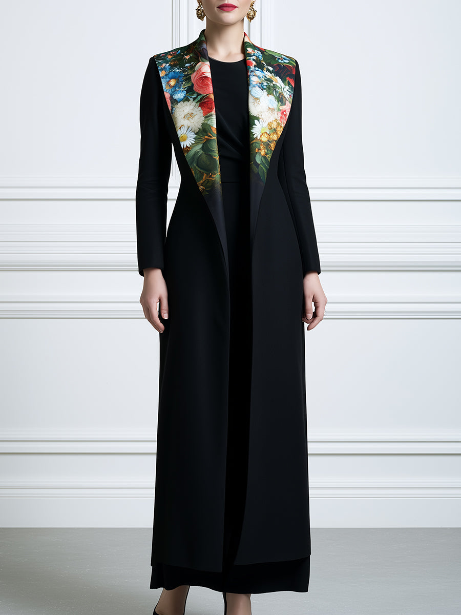 Women's Long Sleeve Maxi Coat with Floral Print Lapel