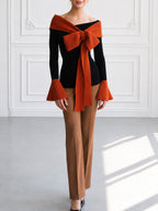Off-Shoulder Color-Block Sweater with Bow Tie Detail and Flared Cuffs