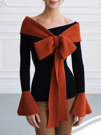 Off-Shoulder Color-Block Sweater with Bow Tie Detail and Flared Cuffs