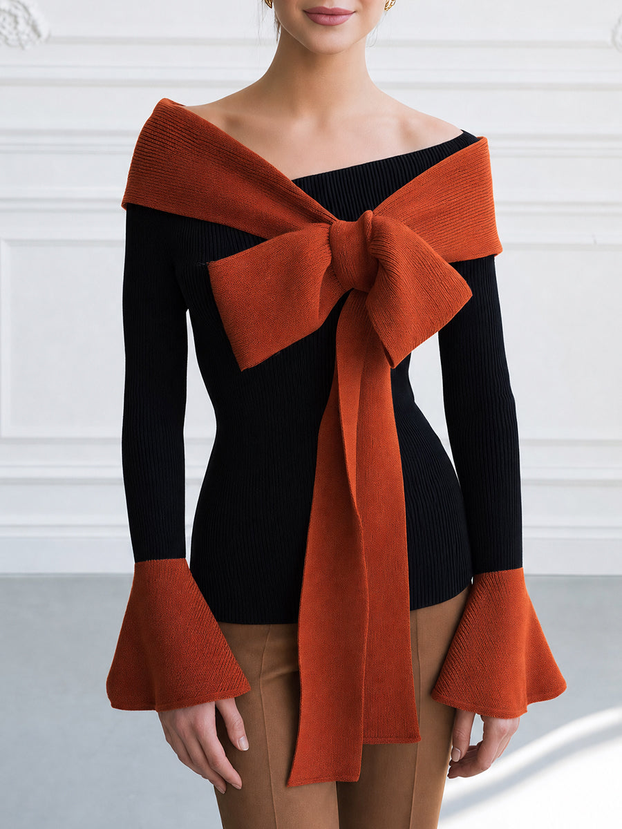 Off-Shoulder Color-Block Sweater with Bow Tie Detail and Flared Cuffs