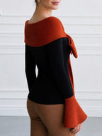 Off-Shoulder Color-Block Sweater with Bow Tie Detail and Flared Cuffs