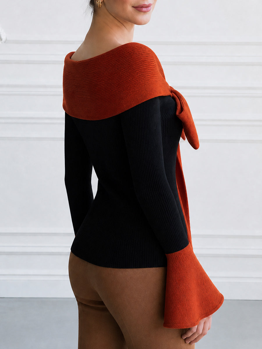 Off-Shoulder Color-Block Sweater with Bow Tie Detail and Flared Cuffs