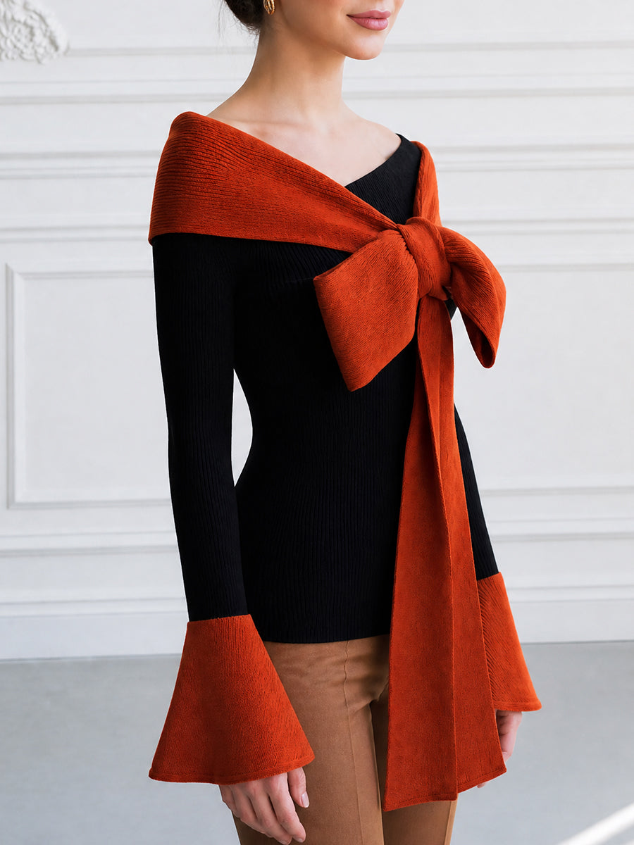 Off-Shoulder Color-Block Sweater with Bow Tie Detail and Flared Cuffs