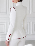 Women's Tailored Long Sleeve Blazer with Contrast Piping and Stand Collar