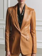 Women's Camel Faux Leather Blazer Jacket with Peak Lapel