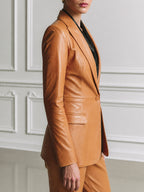 Women's Camel Faux Leather Blazer Jacket with Peak Lapel