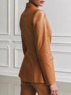 Women's Camel Faux Leather Blazer Jacket with Peak Lapel