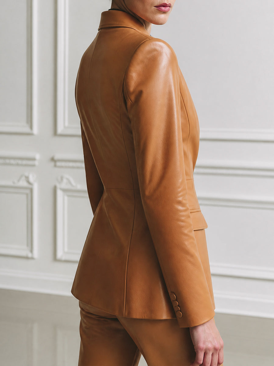 Women's Camel Faux Leather Blazer Jacket with Peak Lapel