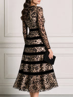Elegant Floral Lace Velvet-Stripe Fit-and-Flare Midi Dress