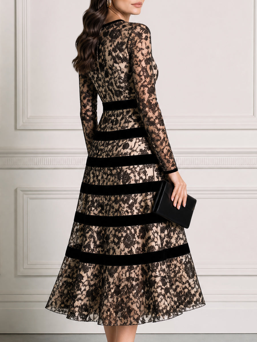 Elegant Floral Lace Velvet-Stripe Fit-and-Flare Midi Dress