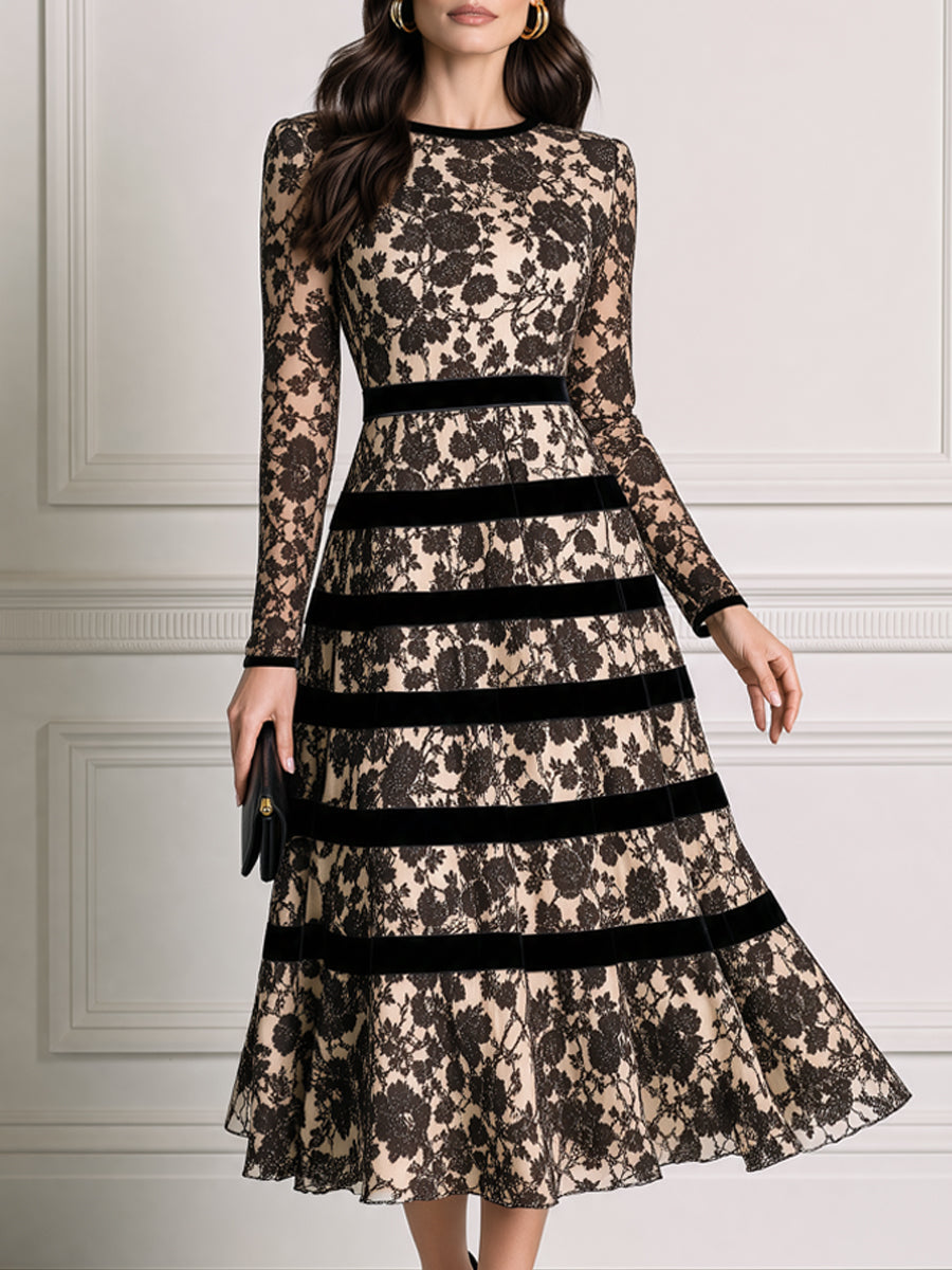 Elegant Floral Lace Velvet-Stripe Fit-and-Flare Midi Dress
