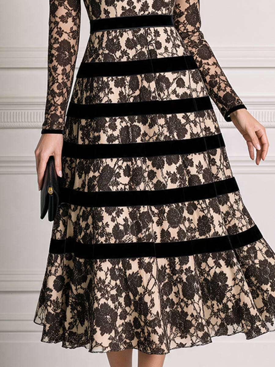 Elegant Floral Lace Velvet-Stripe Fit-and-Flare Midi Dress