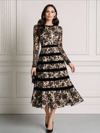 Elegant Floral Lace Velvet-Stripe Fit-and-Flare Midi Dress