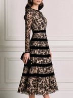 Elegant Floral Lace Velvet-Stripe Fit-and-Flare Midi Dress