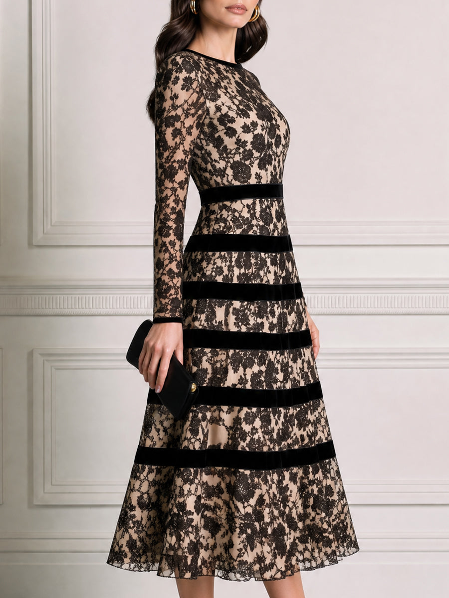 Elegant Floral Lace Velvet-Stripe Fit-and-Flare Midi Dress