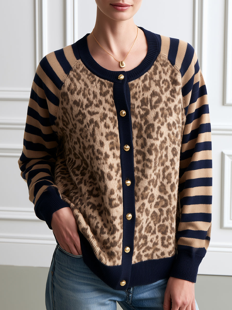 Women's Leopard Print Striped Sleeve Button-Up Cardigan