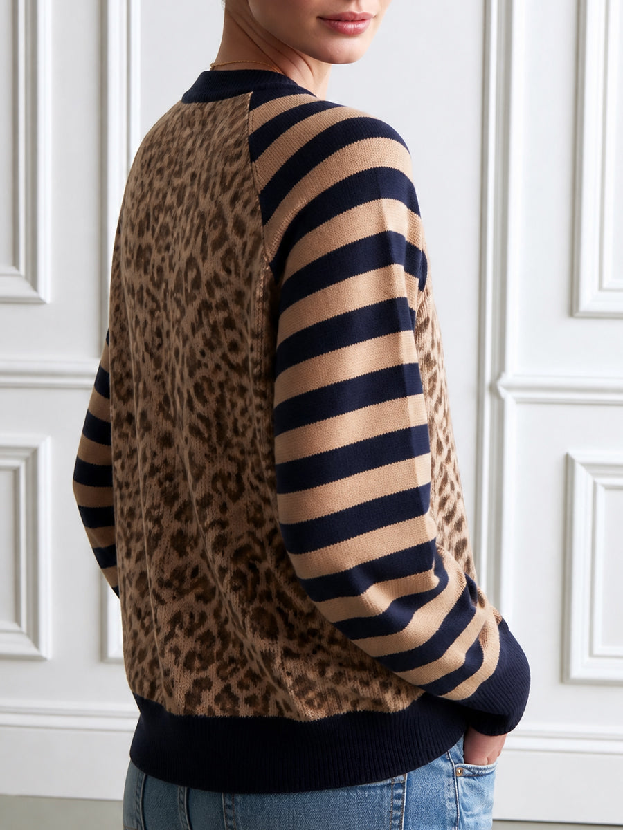 Women's Leopard Print Striped Sleeve Button-Up Cardigan