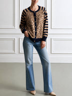 Women's Leopard Print Striped Sleeve Button-Up Cardigan