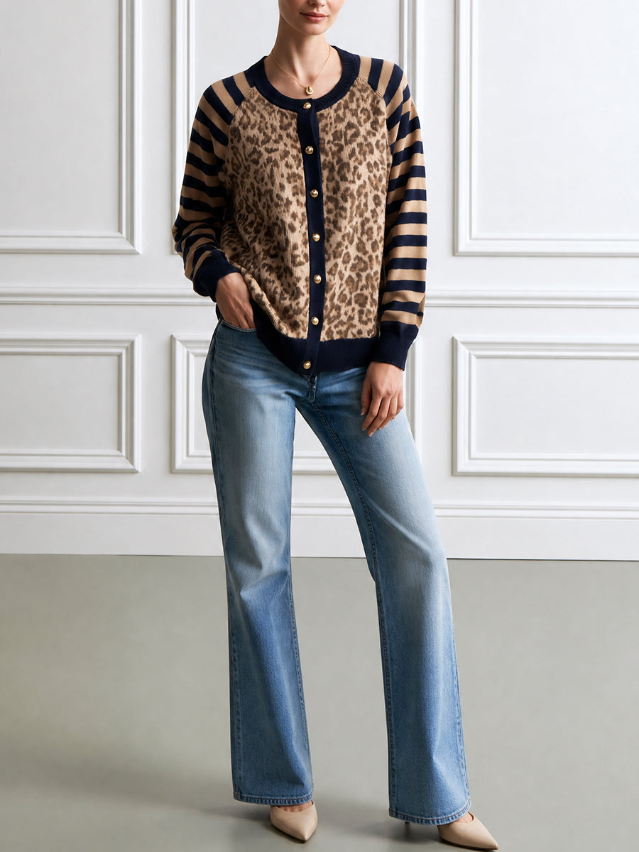 Women's Leopard Print Striped Sleeve Button-Up Cardigan