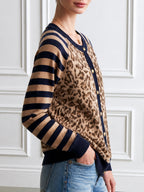 Women's Leopard Print Striped Sleeve Button-Up Cardigan