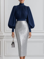 Puff Sleeve Mock Neck Top & Sequin Midi Skirt Two-Piece Set