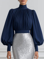 Puff Sleeve Mock Neck Top & Sequin Midi Skirt Two-Piece Set