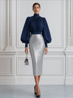 Puff Sleeve Mock Neck Top & Sequin Midi Skirt Two-Piece Set
