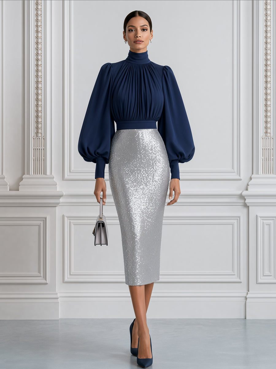Puff Sleeve Mock Neck Top & Sequin Midi Skirt Two-Piece Set