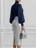 Puff Sleeve Mock Neck Top & Sequin Midi Skirt Two-Piece Set