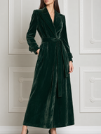 Emerald Green Fall Fashion Velvet Belted Longline Coat