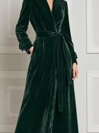 Emerald Green Fall Fashion Velvet Belted Longline Coat
