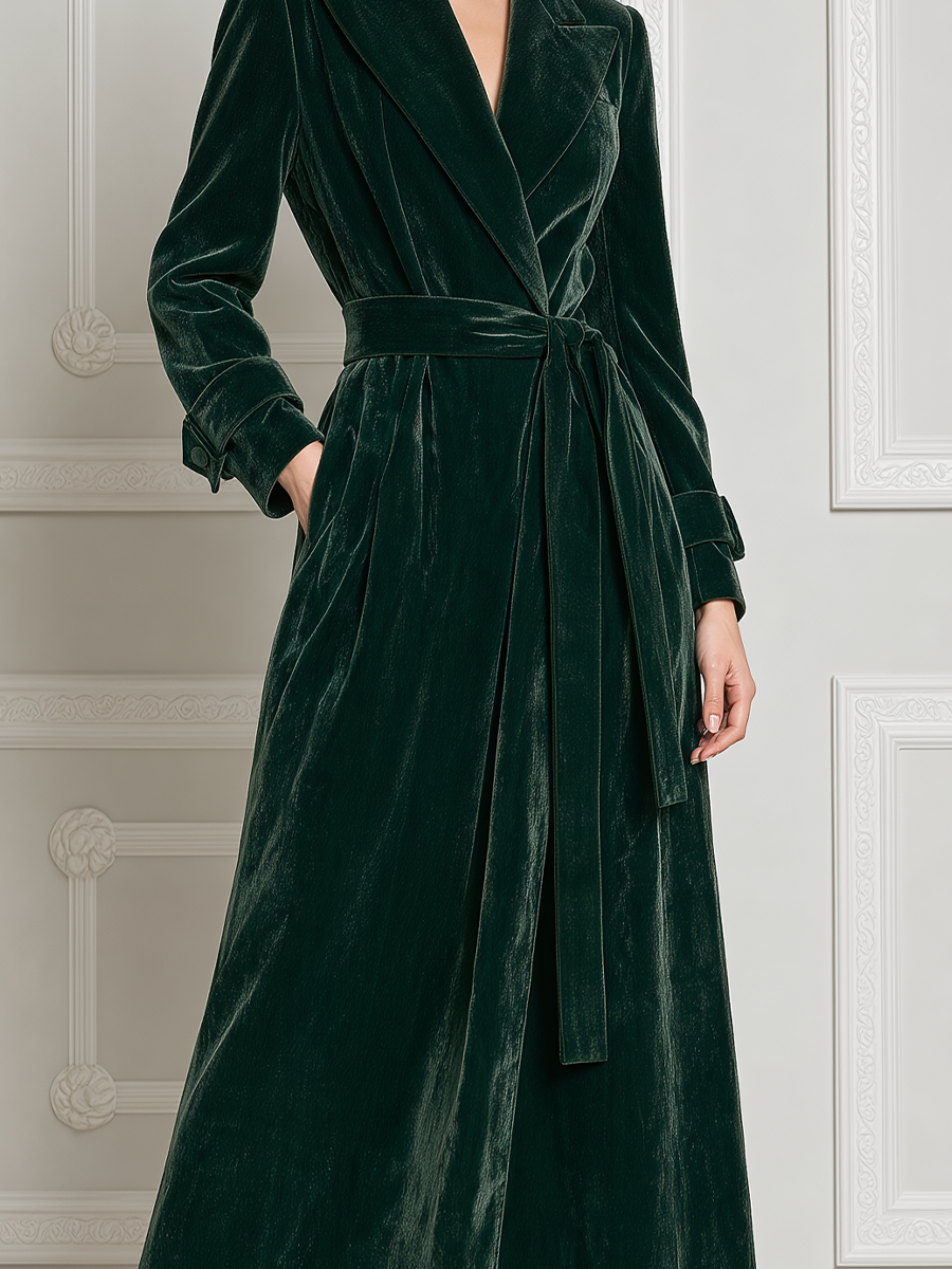 Emerald Green Fall Fashion Velvet Belted Longline Coat