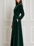 Emerald Green Fall Fashion Velvet Belted Longline Coat
