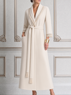 White Fall Fashion Lace Trim Belted Longline Coat
