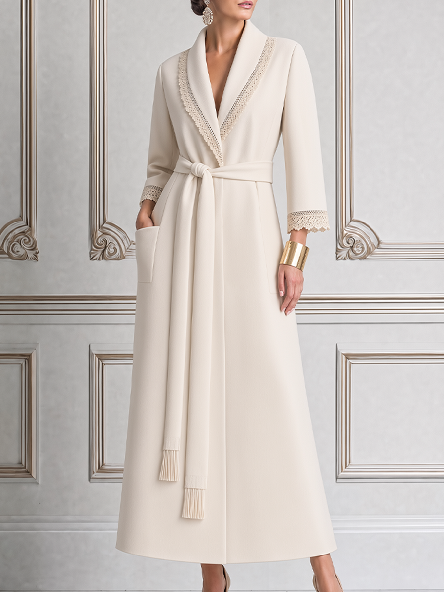 White Fall Fashion Lace Trim Belted Longline Coat