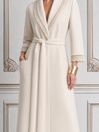 White Fall Fashion Lace Trim Belted Longline Coat