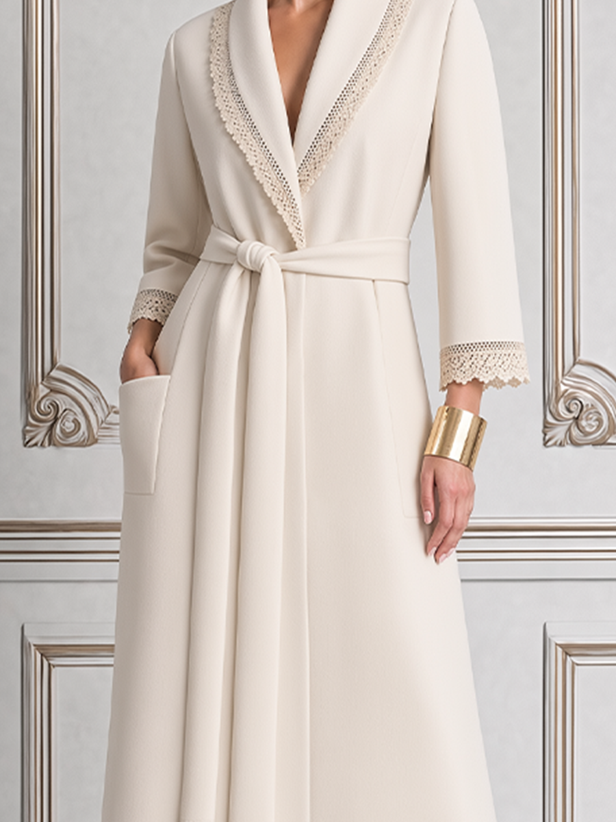 White Fall Fashion Lace Trim Belted Longline Coat