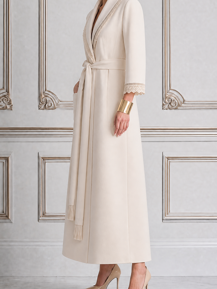 White Fall Fashion Lace Trim Belted Longline Coat