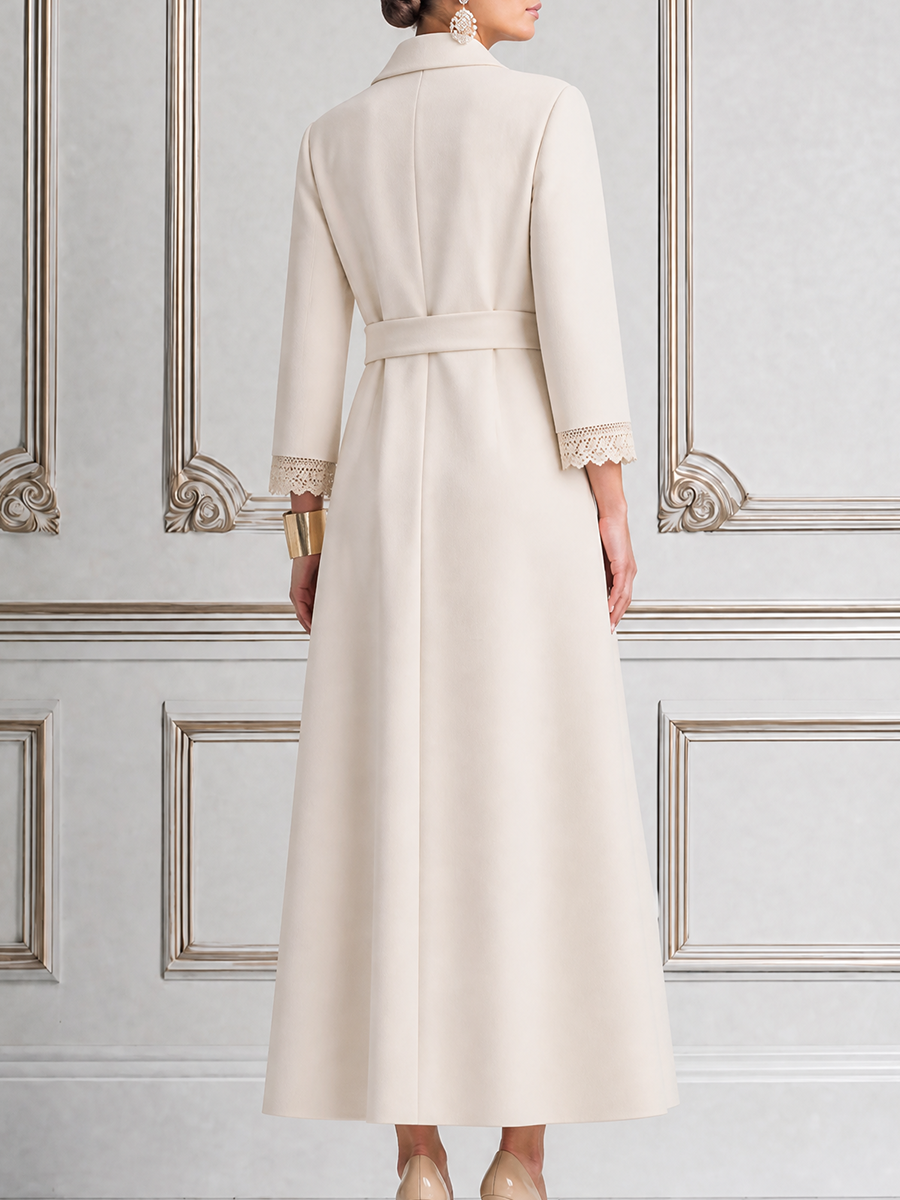 White Fall Fashion Lace Trim Belted Longline Coat