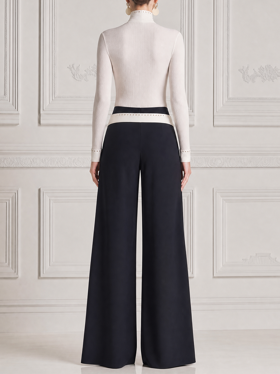 White Stockholm Style Pleated Turtleneck Black Wide Leg Jumpsuit