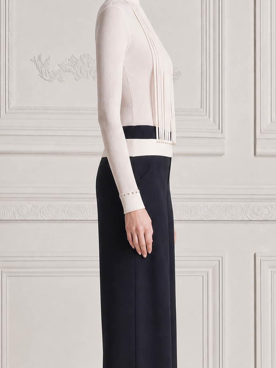 White Stockholm Style Pleated Turtleneck Black Wide Leg Jumpsuit