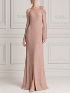 Blush Pink Fall Wedding Guest Dress One Shoulder Pleated Chiffon Maxi Dress