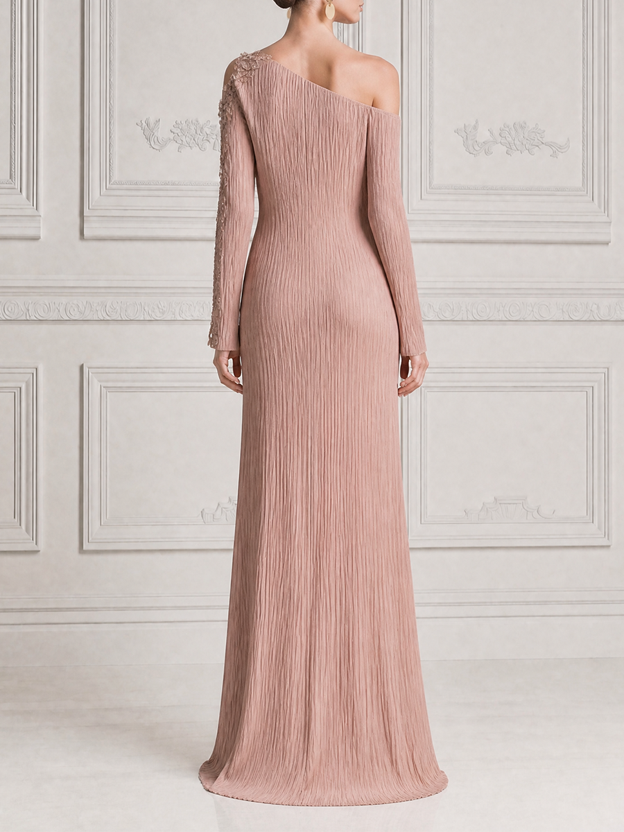 Blush Pink Fall Wedding Guest Dress One Shoulder Pleated Chiffon Maxi Dress