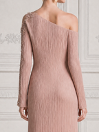 Blush Pink Fall Wedding Guest Dress One Shoulder Pleated Chiffon Maxi Dress