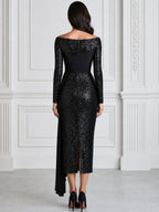 Sequin Off-the-Shoulder Draped Sheath Midi Dress