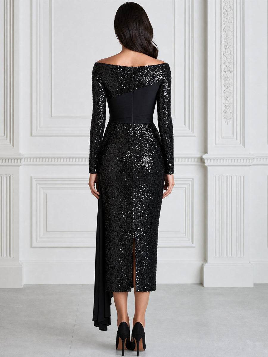 Sequin Off-the-Shoulder Draped Sheath Midi Dress