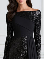 Sequin Off-the-Shoulder Draped Sheath Midi Dress