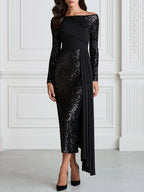 Sequin Off-the-Shoulder Draped Sheath Midi Dress