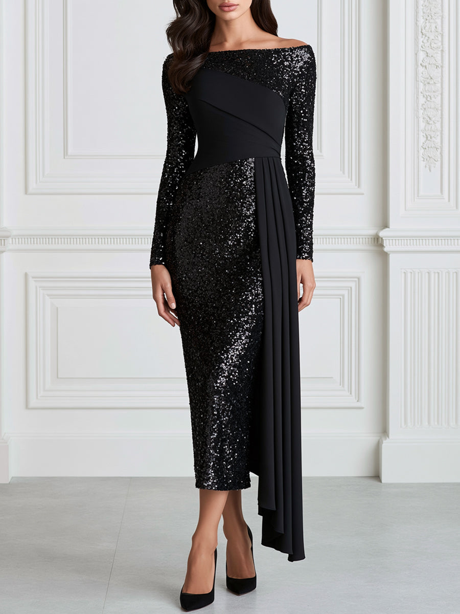 Sequin Off-the-Shoulder Draped Sheath Midi Dress